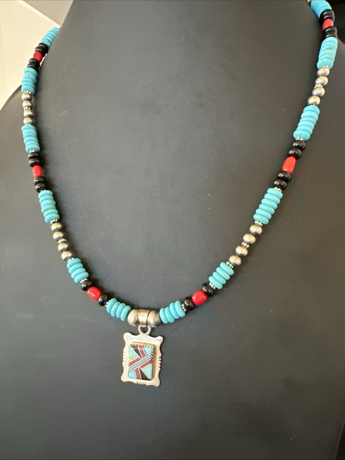 Multicolor Turquoise Coral Navajo Sterling Silver Inlay Pendant Necklace 19649