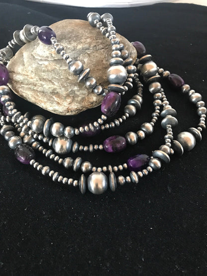 Native Long Navajo Pearls Sterling Silver Purple Stone Bead Necklace 70" 08052