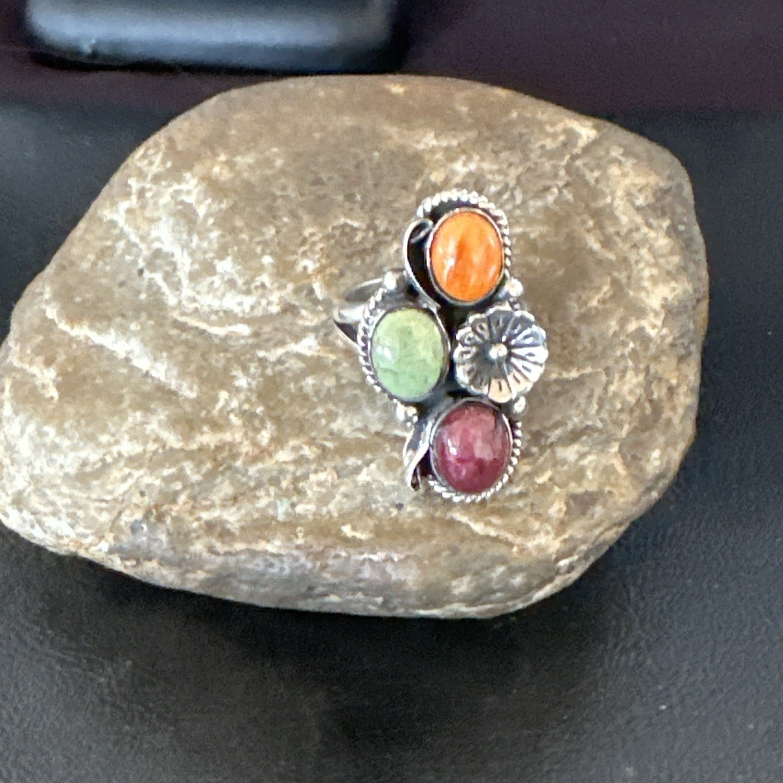 Multicolor Ring Turquoise Spiny Navajo Sterling Silver Cluster Size 8 19169
