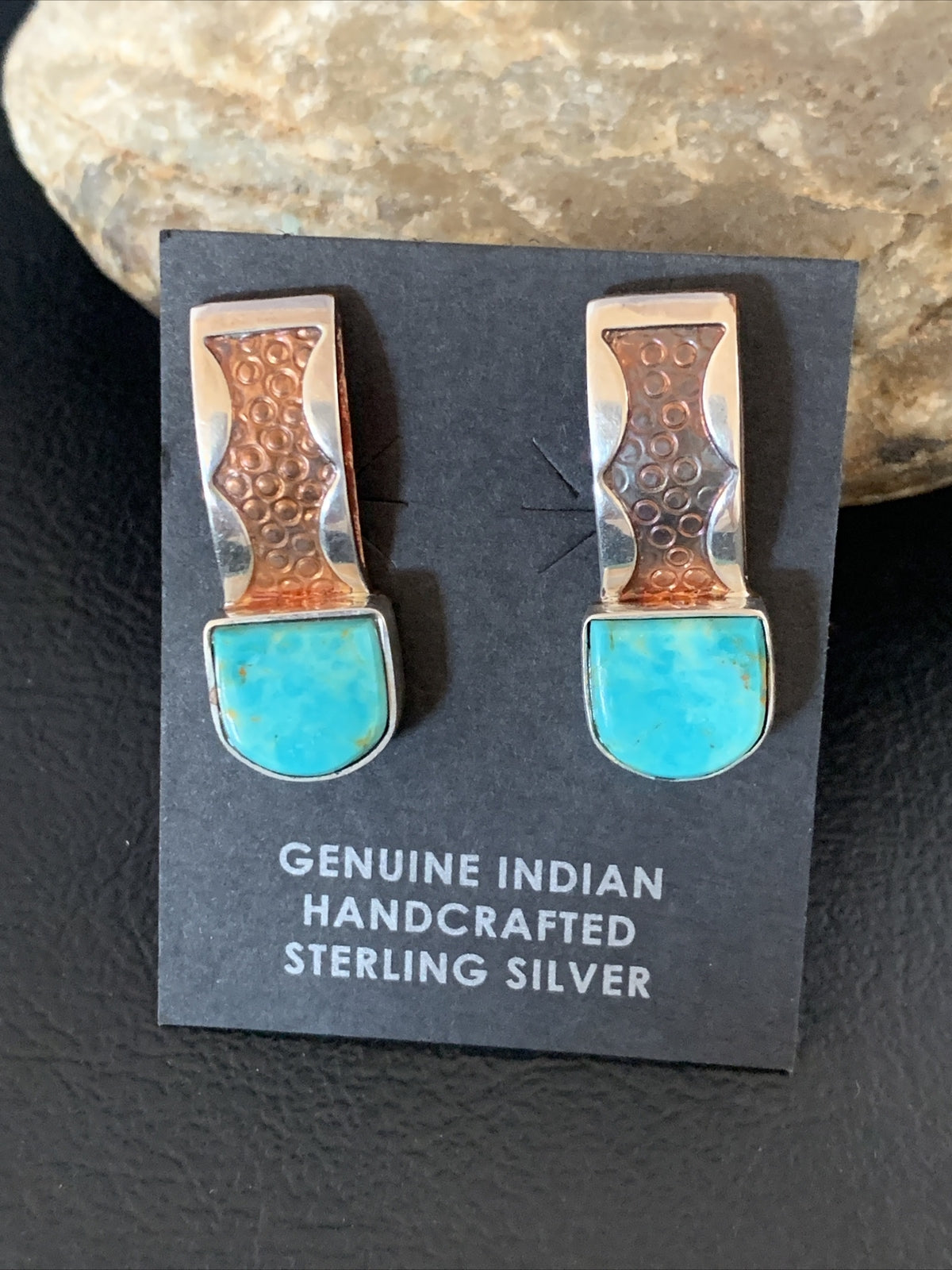 Womens Inlay Earrings Navajo Blue Turquoise Sterling Silver Brass 1" 13106