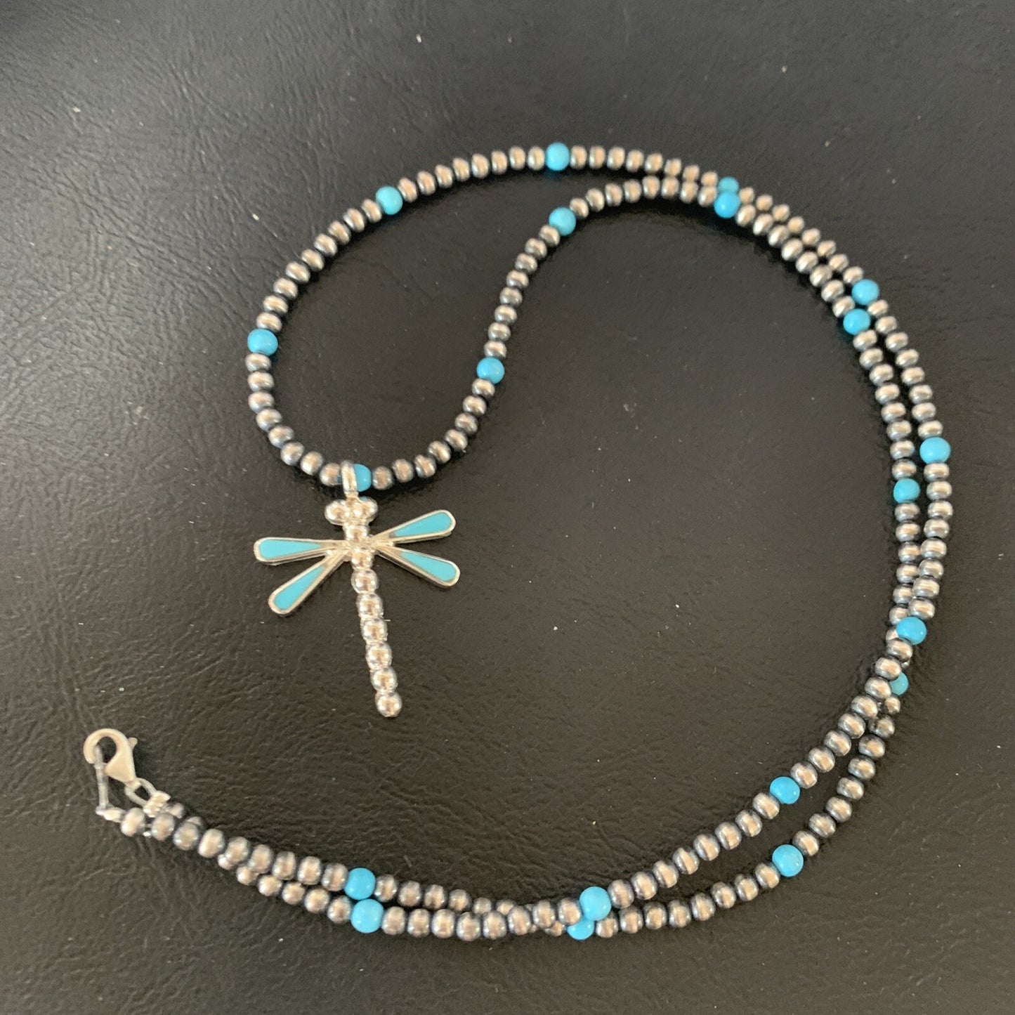 Blue Turquoise Dragonfly Pendant Zuni Sterling Silver Necklace 12058