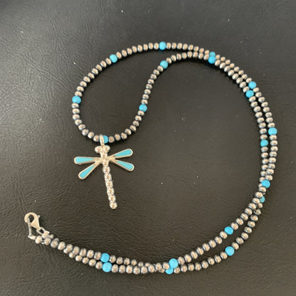 Blue Turquoise Dragonfly Pendant Zuni Sterling Silver Necklace 12058