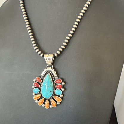 Multicolor Turquoise Spiny Navajo Sterling Silver Cluster Pendant Necklace 19561