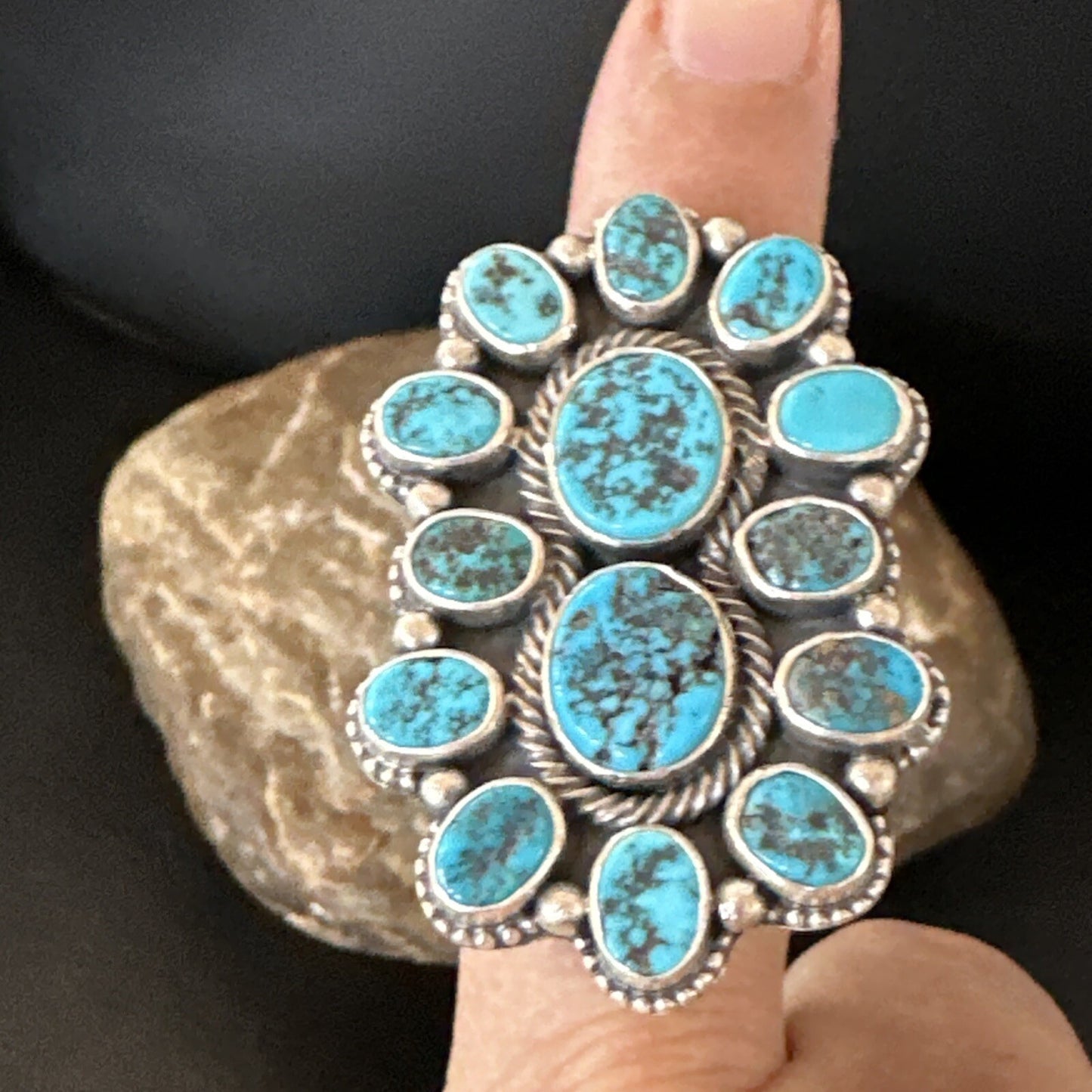 Navajo Cluster Blue Kingman Turquoise Sterling Silver Adjustable Ring Sz 7 18794