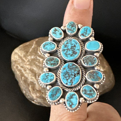 Navajo Cluster Blue Kingman Turquoise Sterling Silver Adjustable Ring Sz 7 18794
