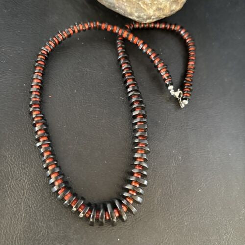 Navajo Bamboo Coral Black Onyx Necklace Sterling Silver 20" 14432