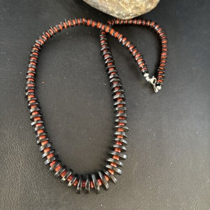 Navajo Bamboo Coral Black Onyx Necklace Sterling Silver 20" 14432