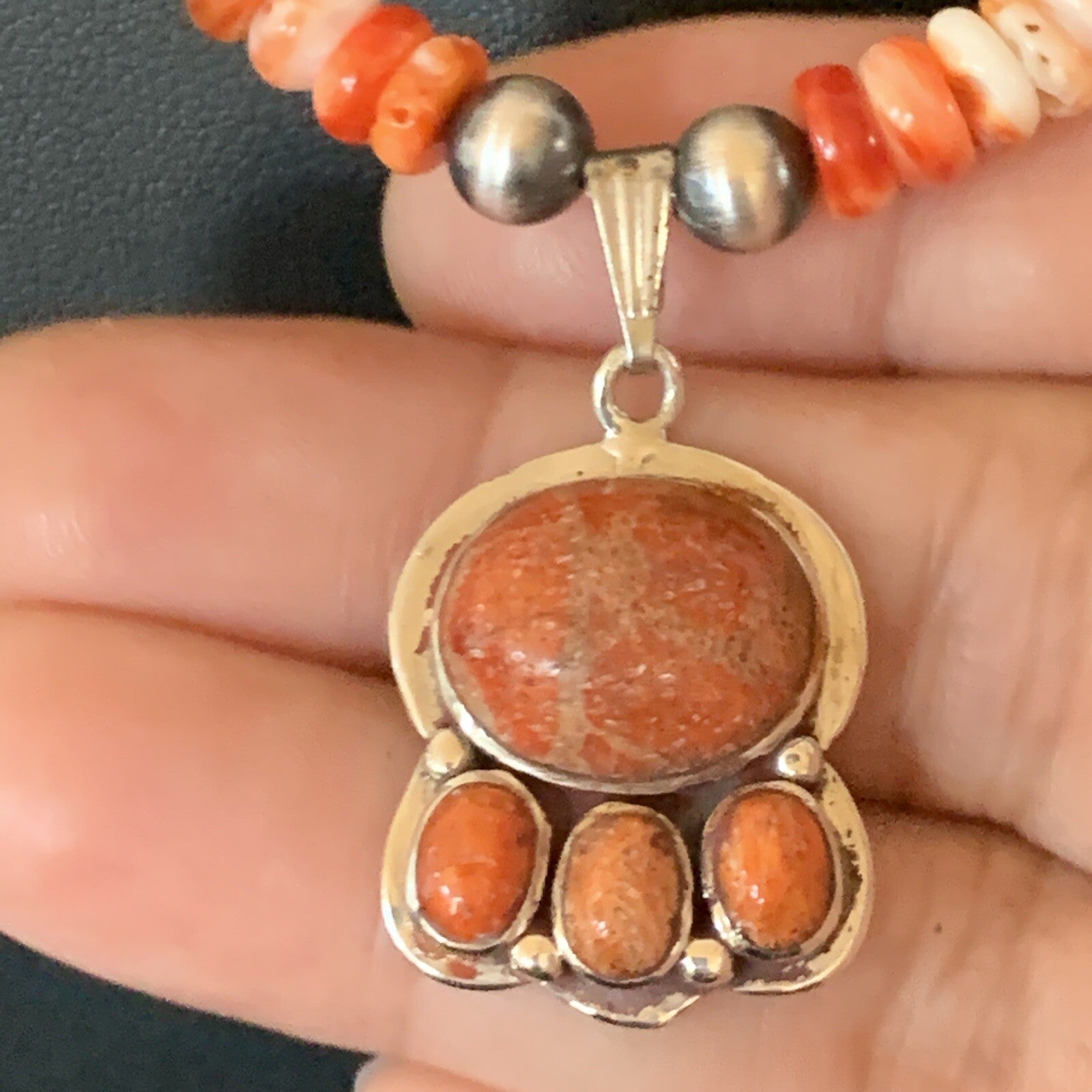 Apple Coral Pendant Spiny Oyster Navajo Pearls Sterling Silver Necklace 12389