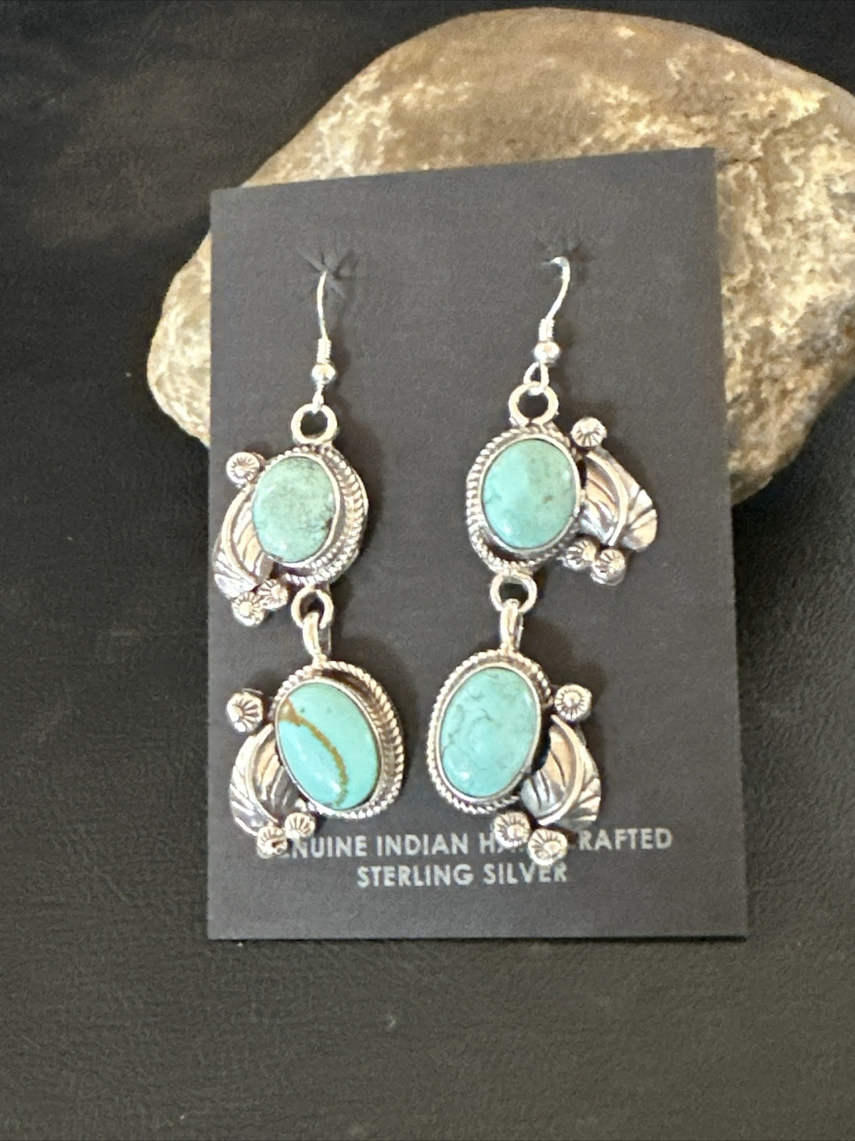 Native Navajo Blue Dry Creek Turquoise Sterling Silver Dangle Earrings 2” 17920