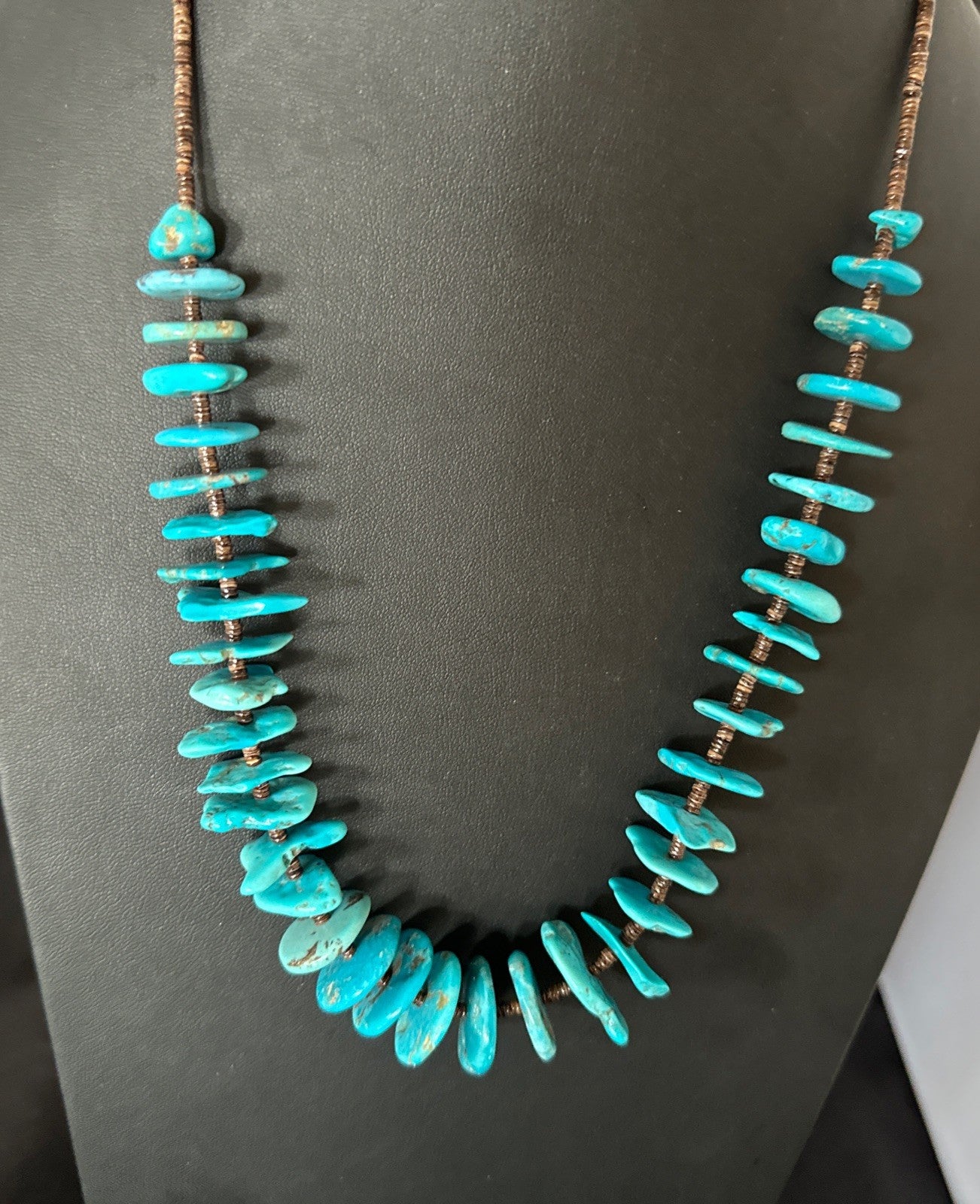 Navajo Kingman Turquoise Shell Heishi Sterling Silver Bead 24” Necklace 19633