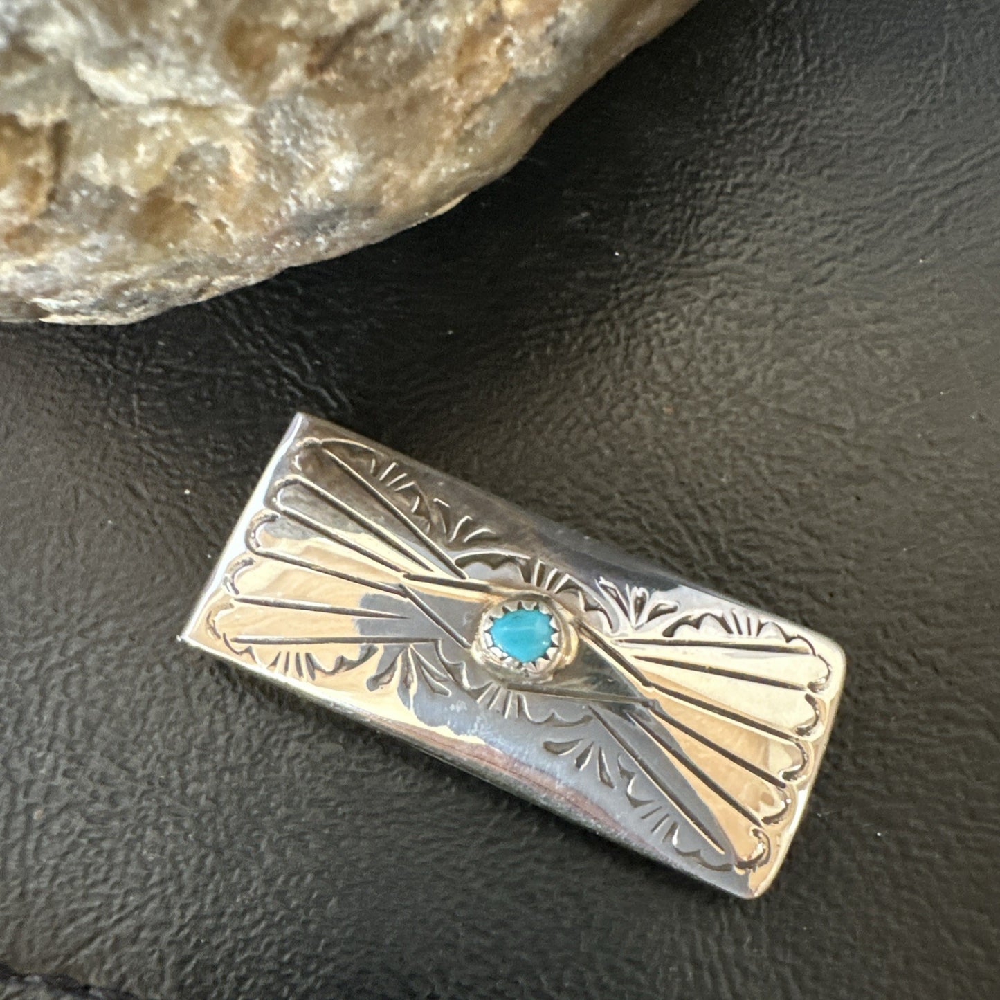 Mens Blue Turquoise Navajo Credit Card Holder Stamped Silver Money Clip 19734