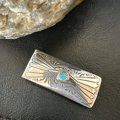 Mens Blue Turquoise Navajo Credit Card Holder Stamped Silver Money Clip 19734