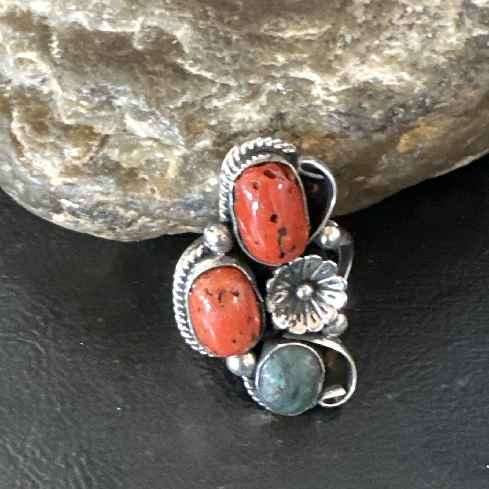 Multicolor Ring Turquoise Coral Spiny Navajo Sterling Silver Cluster 10.5 19195