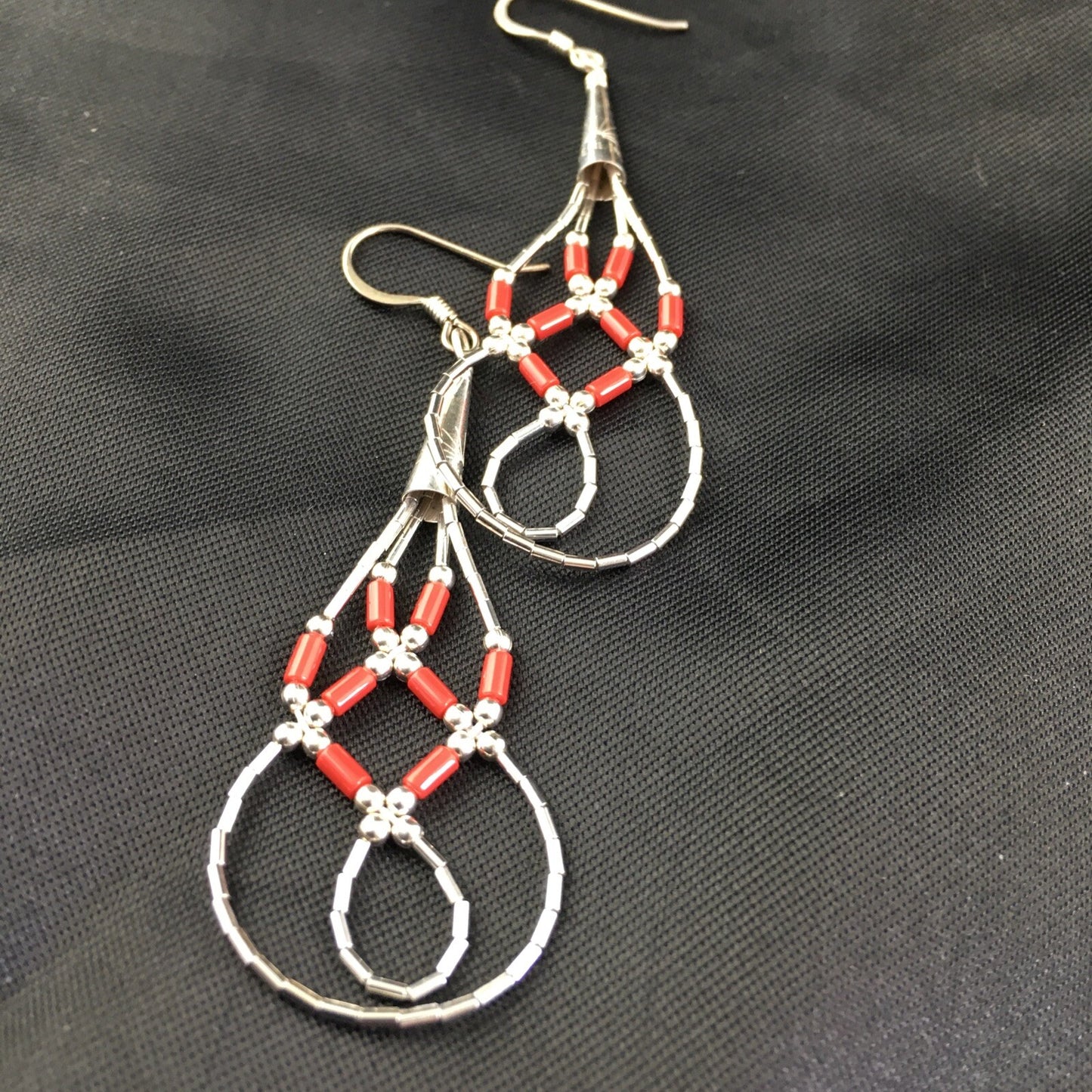 Native Red Coral Tube Heishi Dangle Liquid Sterling Silver Earrings 2" 03104