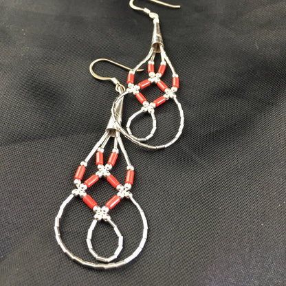 Native Red Coral Tube Heishi Dangle Liquid Sterling Silver Earrings 2" 03104