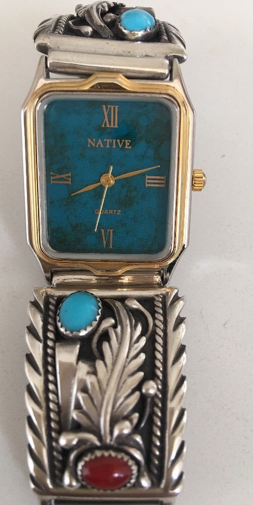 Women Blue Sleeping Beauty Turquoise Red Coral Sterling Silver Watches 10010