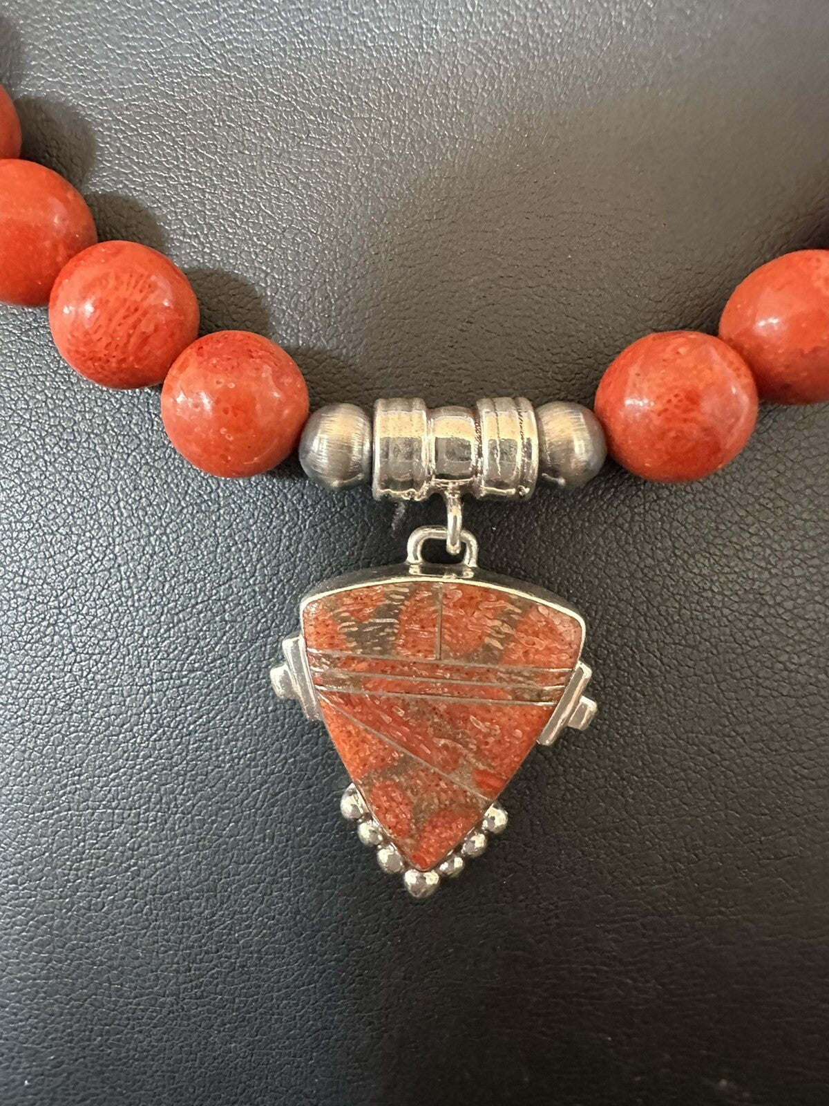 Navajo Apple Sponge Coral Sterling Silver Necklace Pendant 18328