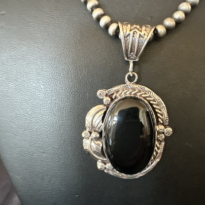 Mens Womens Black Onyx Pendant Navajo Sterling Silver Beads Necklace 18297