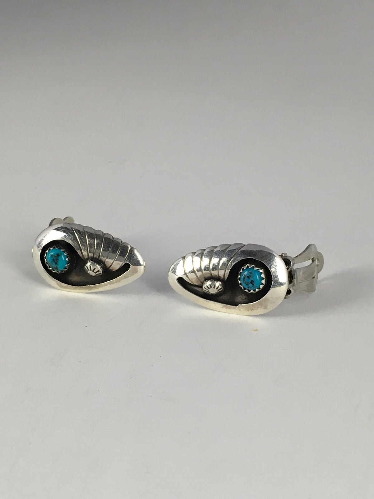 Blue Turquoise Clip-on Navajo Sterling Silver Old Pawn Earrings Set 08864