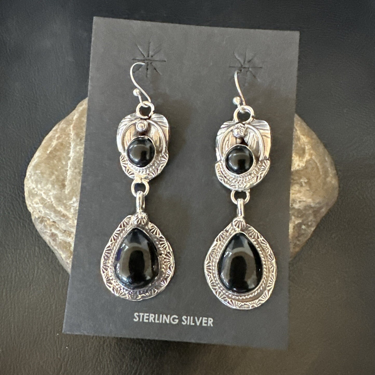 Black Onyx Navajo Sterling Silver Dangle Earrings 1.5" 18289