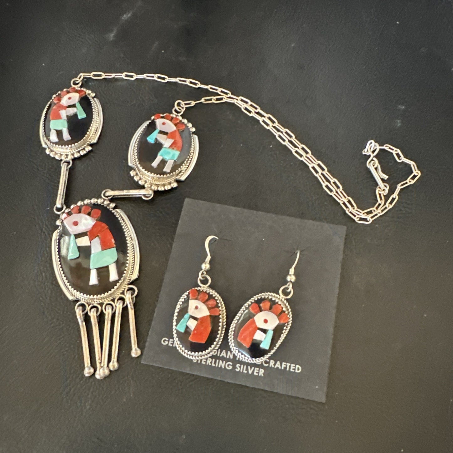 Kokopelli Turquoise Coral Zuni Inlay Sterling Silver Necklace Earrings 19078 Set