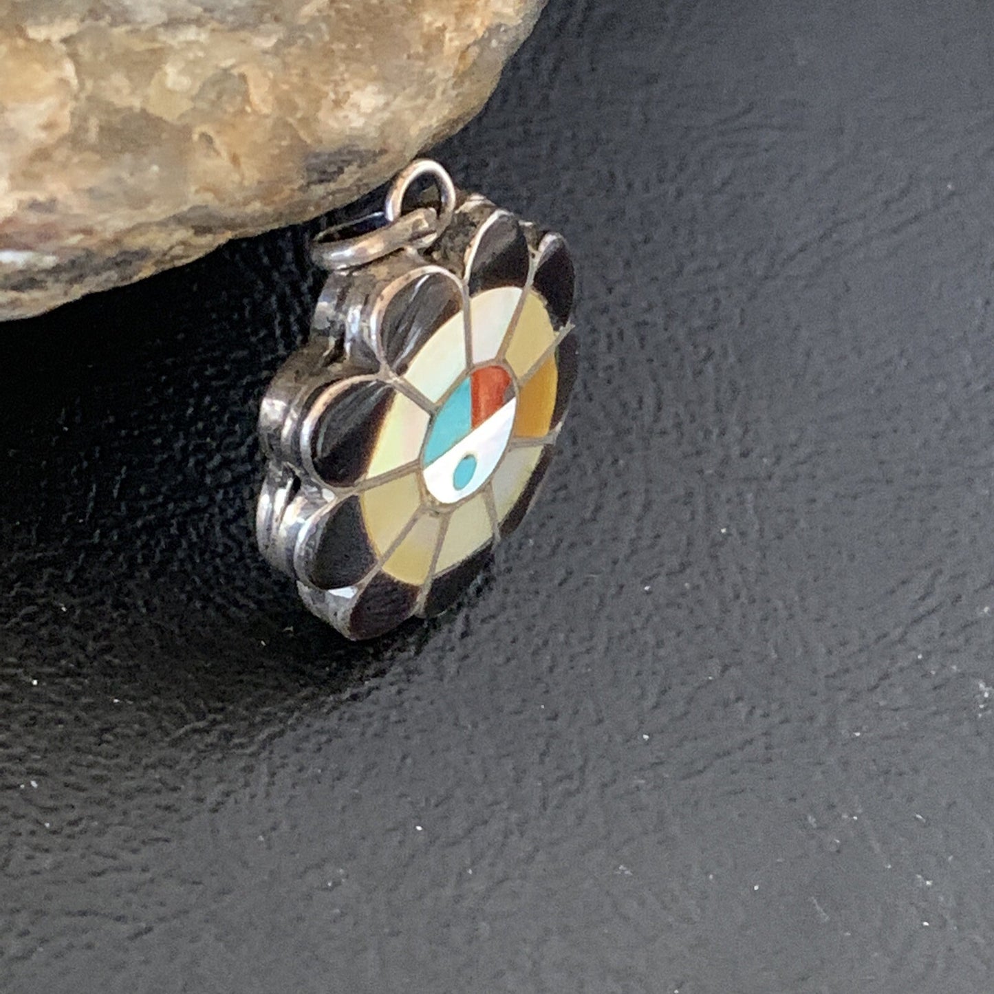 Mother Of Pearl Turquoise Spiny Inlay Zuni Sterling Silver 2 Sided Pendant 1682