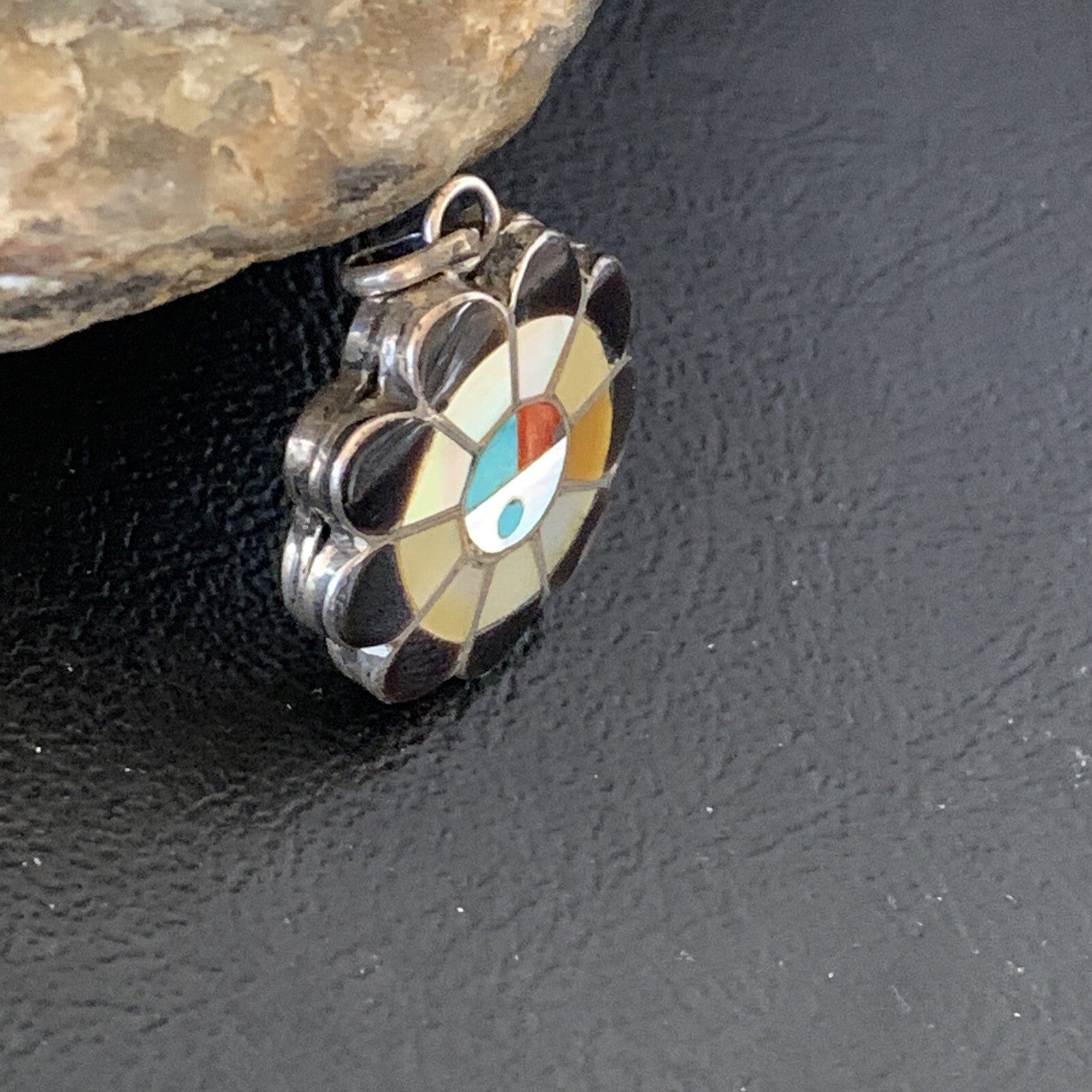 Mother Of Pearl Turquoise Spiny Inlay Zuni Sterling Silver 2 Sided Pendant 1682