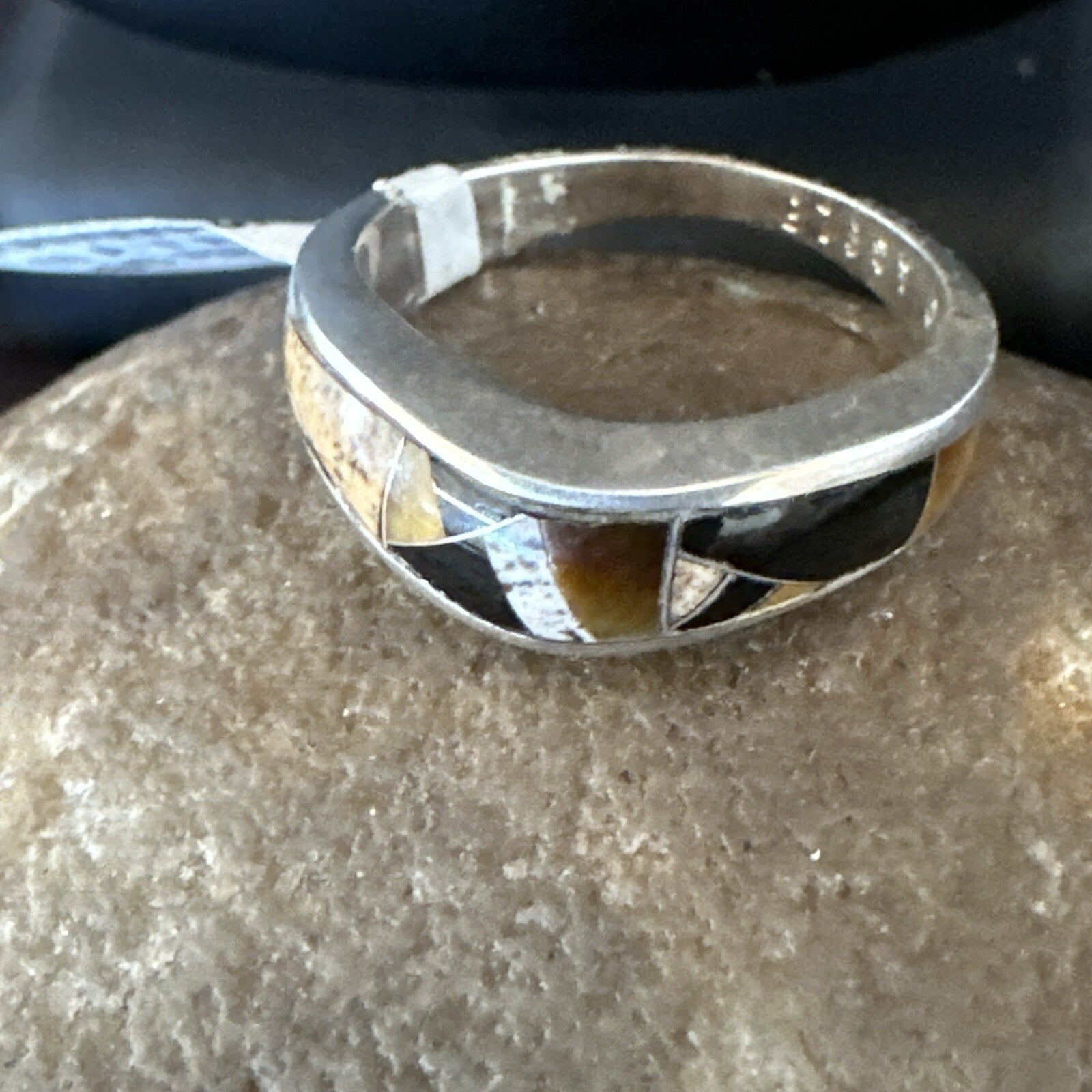 Navajo Black Onyx Tiger's Eye Inlay Sterling Ring Size 7 18699