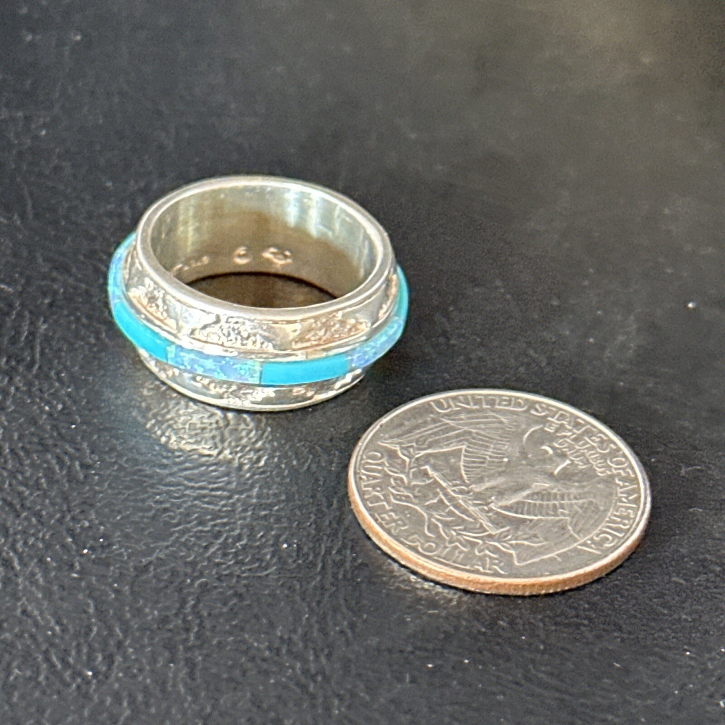 Turquoise & Opal Inlay Navajo Sterling Silver Eternity Band Ring Size 8 14542
