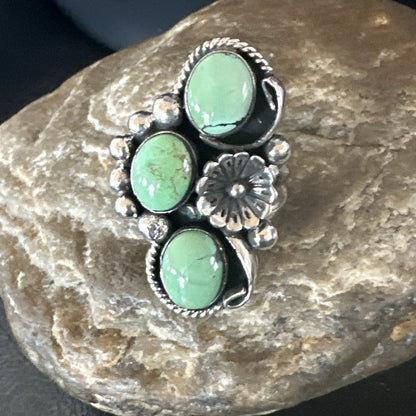 Yazzie Ring Green Turquoise Navajo Sterling Silver Cluster Size 8.5 19211
