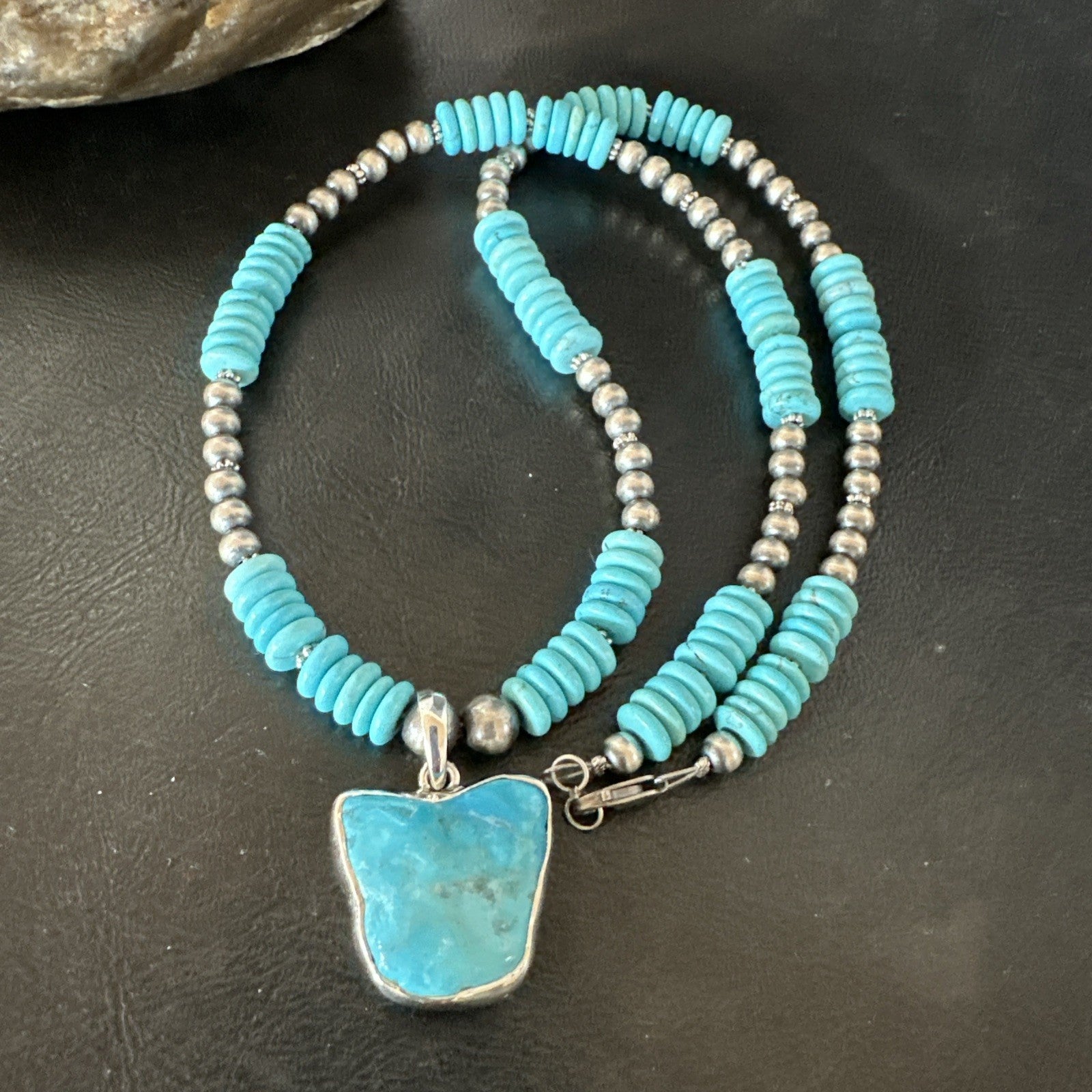 Blue Kingman Turquoise 2 Sided Pendant Navajo Sterling Native Necklace 20" 19517