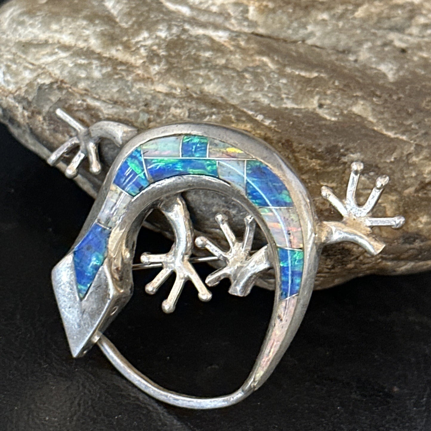 Navajo White Blue Opal Lizard Pin Pendant Inlay Gecko Sterling Silver 14336