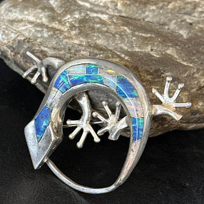 Navajo White Blue Opal Lizard Pin Pendant Inlay Gecko Sterling Silver 14336