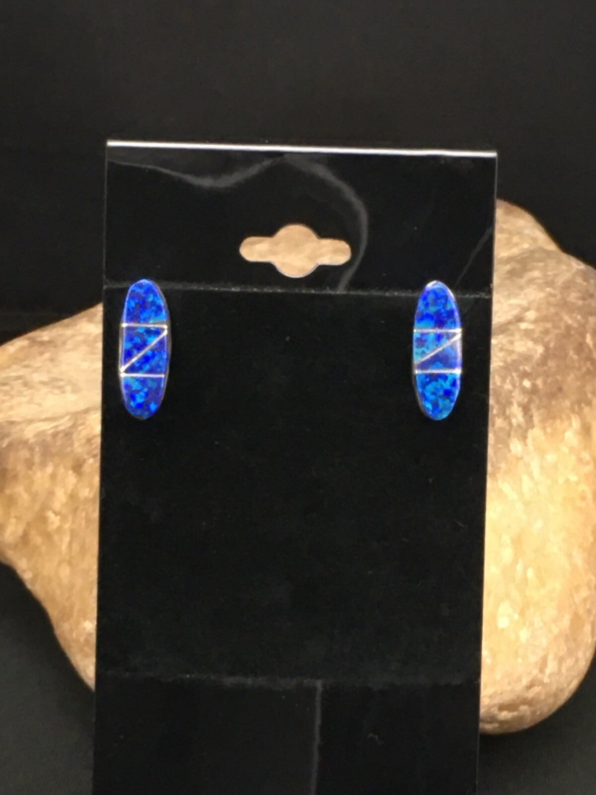 Navajo Indian Sterling Silver Handmade Blue Opal Inlay Earrings 0.75" 1331
