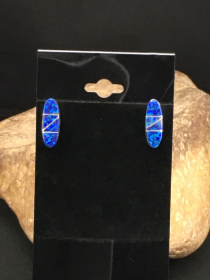 Navajo Indian Sterling Silver Handmade Blue Opal Inlay Earrings 0.75" 1331