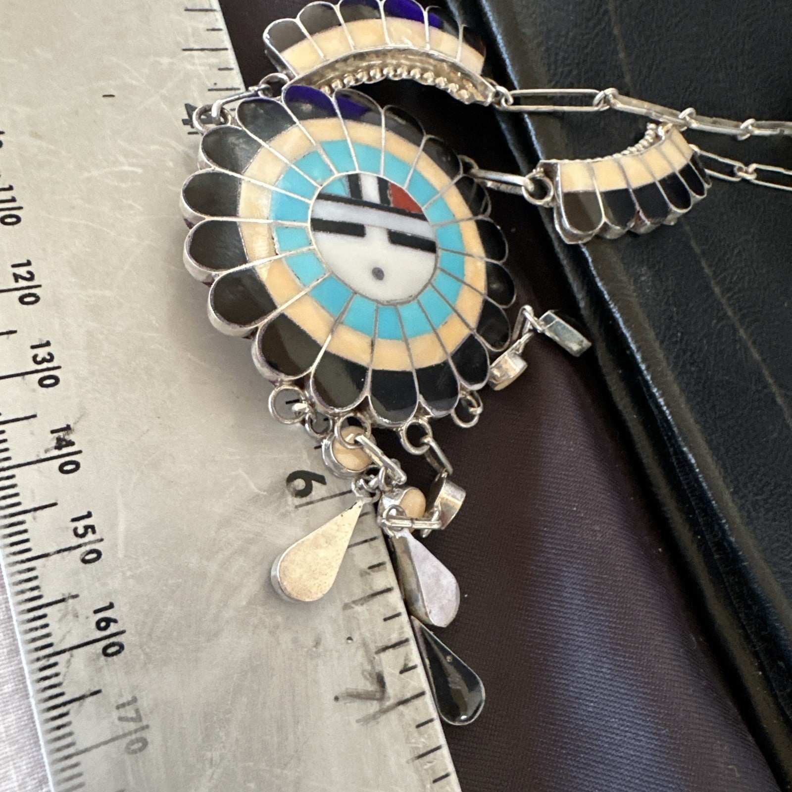 Sunface Spiny Onyx Turquoise Zuni Sterling Silver Necklace 18" Earrings 19115