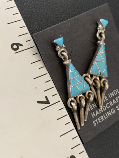Blue Turquoise Inlay Zuni Sterling Silver Dangle Post Earrings 1.5" 12745