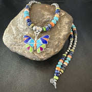 Butterfly Multicolor Turquoise Pendant Navajo Necklace | Sterling Silver | Authentic Native American Handmade | 18729