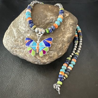 Butterfly Multicolor Turquoise Pendant Navajo Sterling Silver Necklace 18729