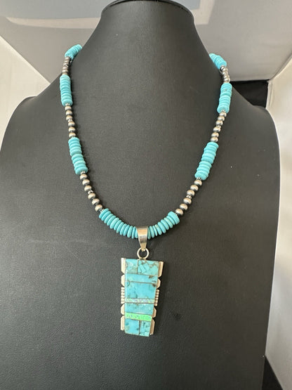 Blue Turquoise Opal Inlay Pendant Navajo Sterling Silver Necklace 19512