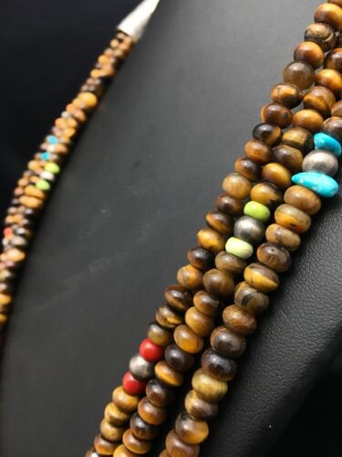 Navajo Tiger's Eye & Turquoise 3 Strand Necklace Sterling Silver 26" 4174
