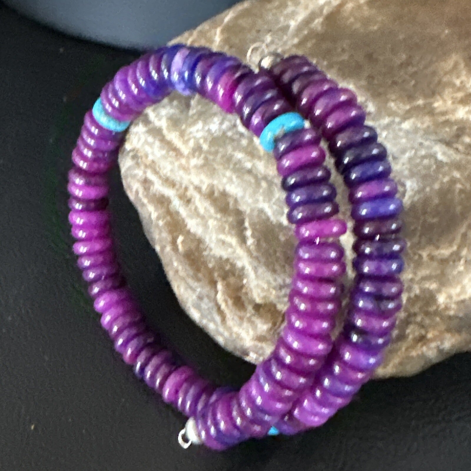 Purple Stone Turquoise 8mm Wire Bead Bracelet Navajo Sterling Silver 15241N