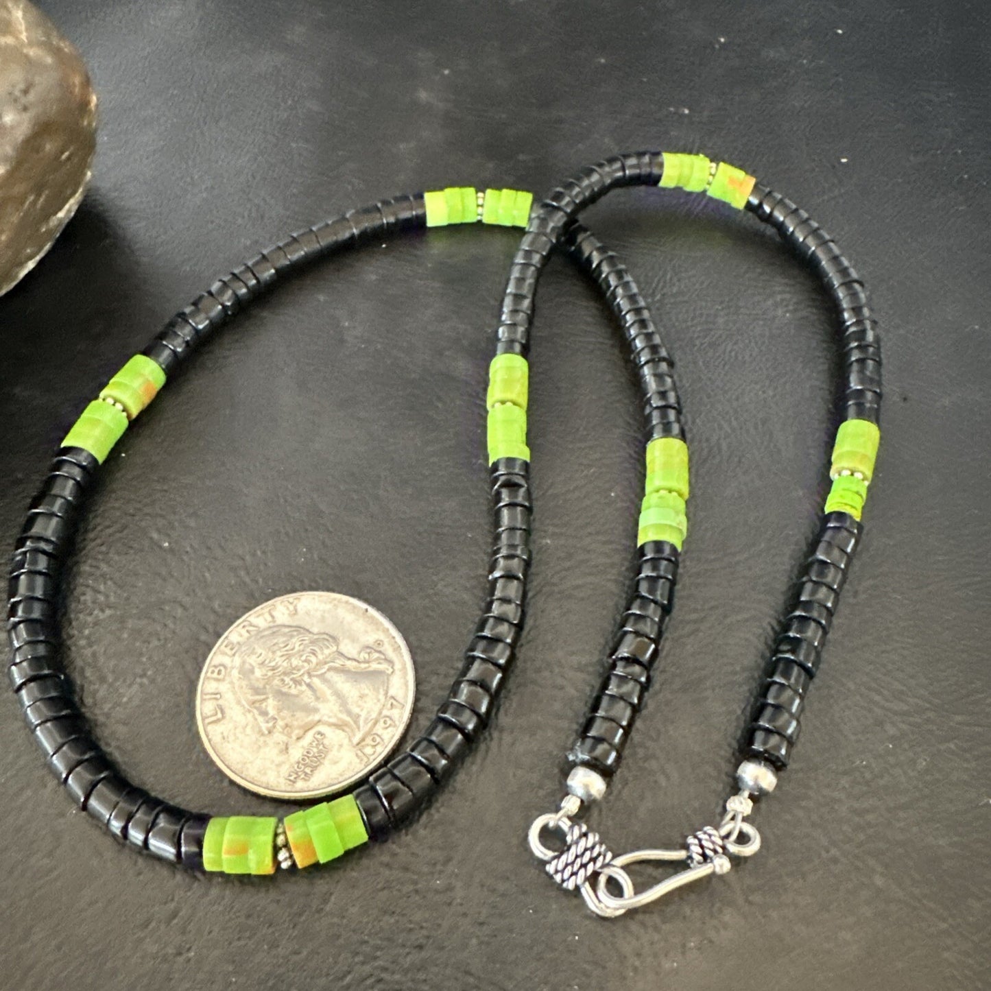 Mens Green Gaspeite Onyx Heishi Southwestern Sterling Silver Necklace 19” 18713