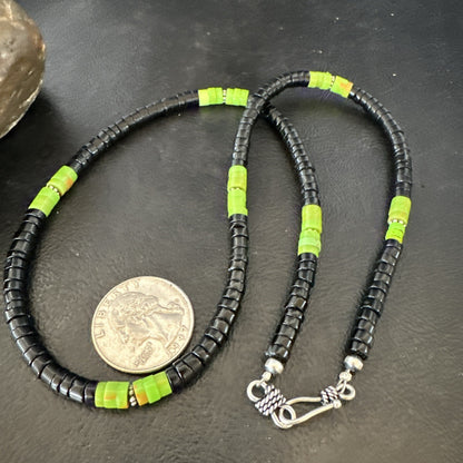 Mens Green Gaspeite Onyx Heishi Southwestern Sterling Silver Necklace 19” 18713