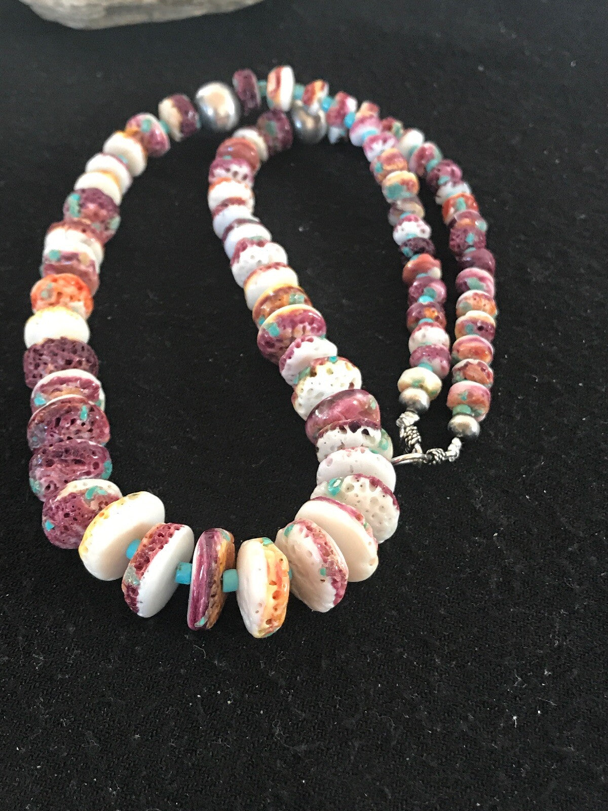 Purple Spiny Oyster & Turquoise Bead Navajo Sterling Silver Necklace 08439