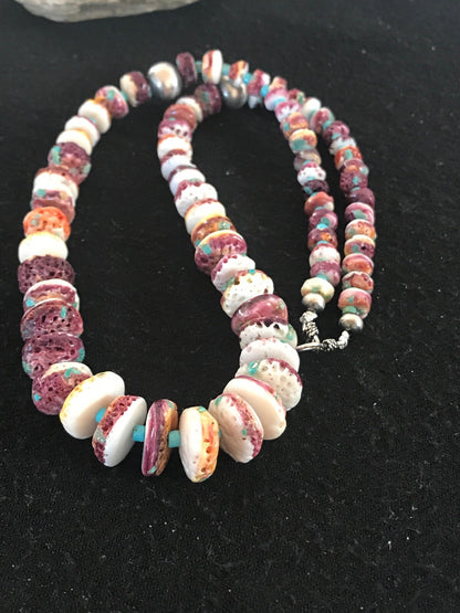 Purple Spiny Oyster & Turquoise Bead Navajo Sterling Silver Necklace 08439
