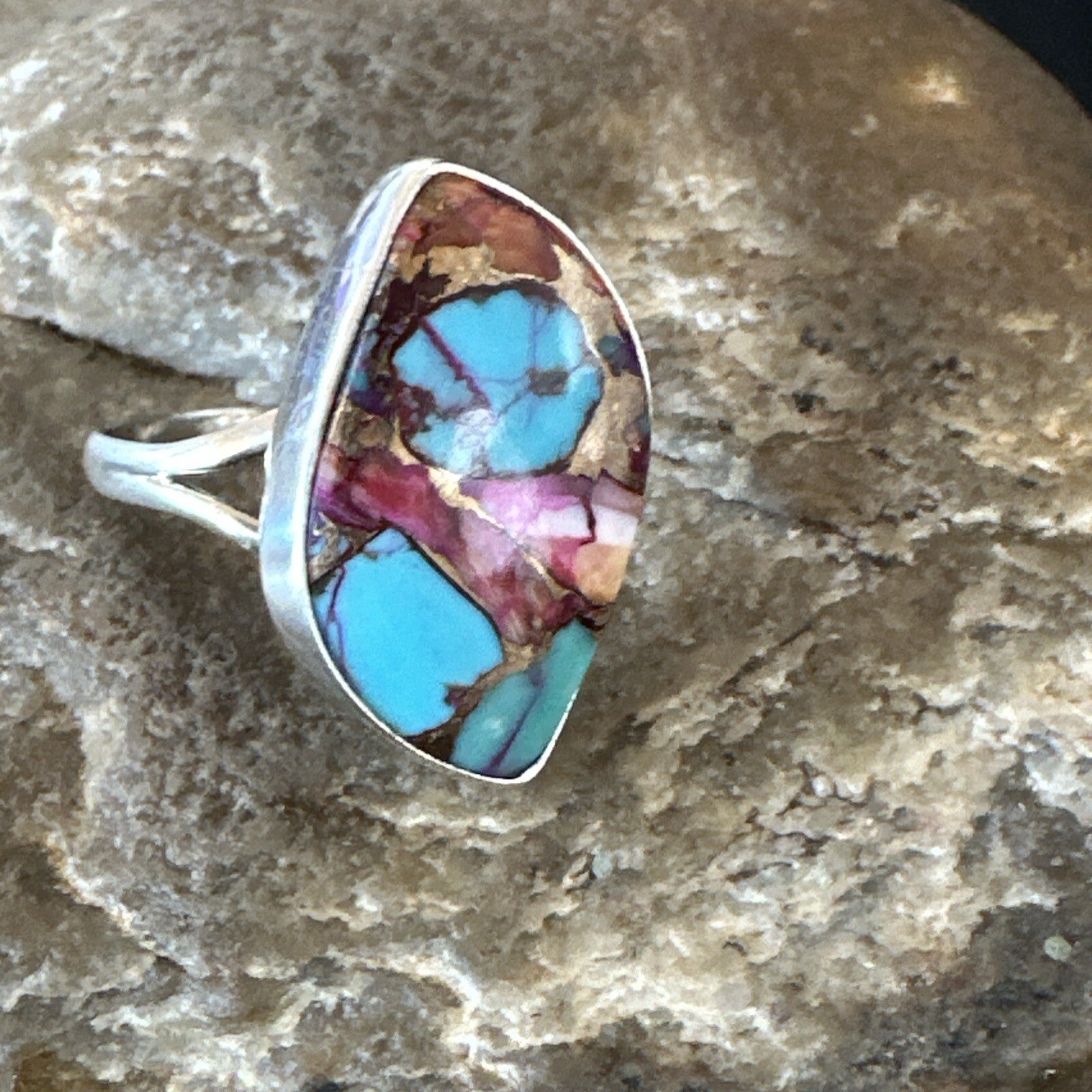 Blue Turquoise Spiny Oyster Navajo Sterling Silver Ring Size 7.5 18235