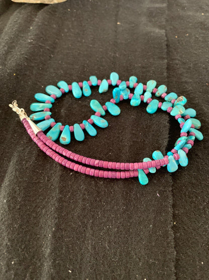 Native American Turquoise & Purple Stone Navajo Sterling Silver Necklace 04246