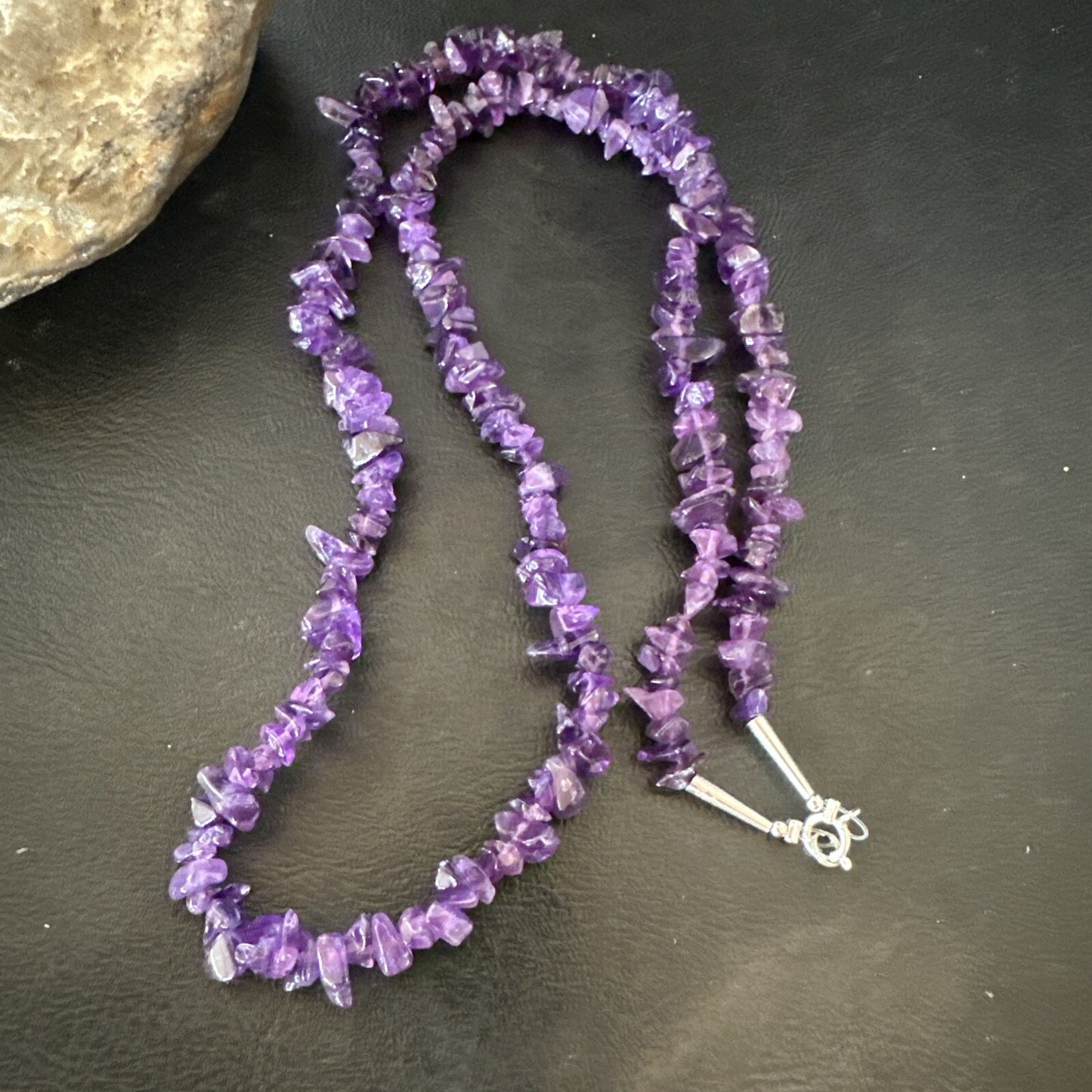 Purple Nugget Amethyst Southwestern Sterling Silver Beads Necklace 26” 18820