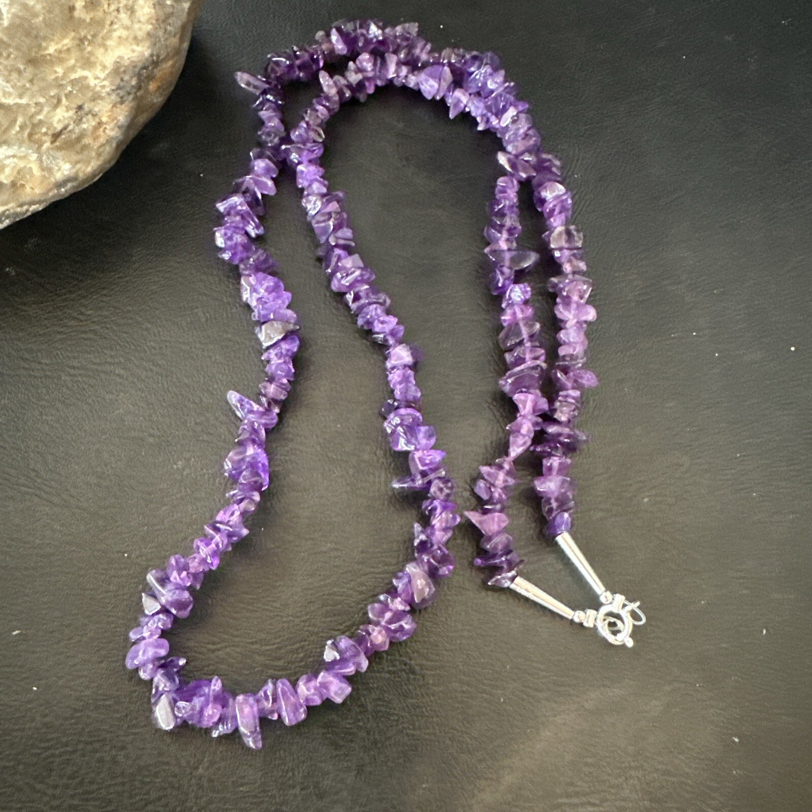 Purple Nugget Amethyst Southwestern Sterling Silver Beads Necklace 26” 18820